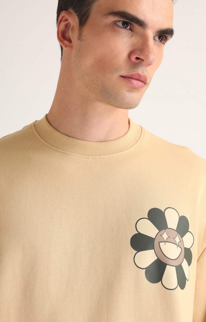 Men's Beige Printed Oversized T-Shirt