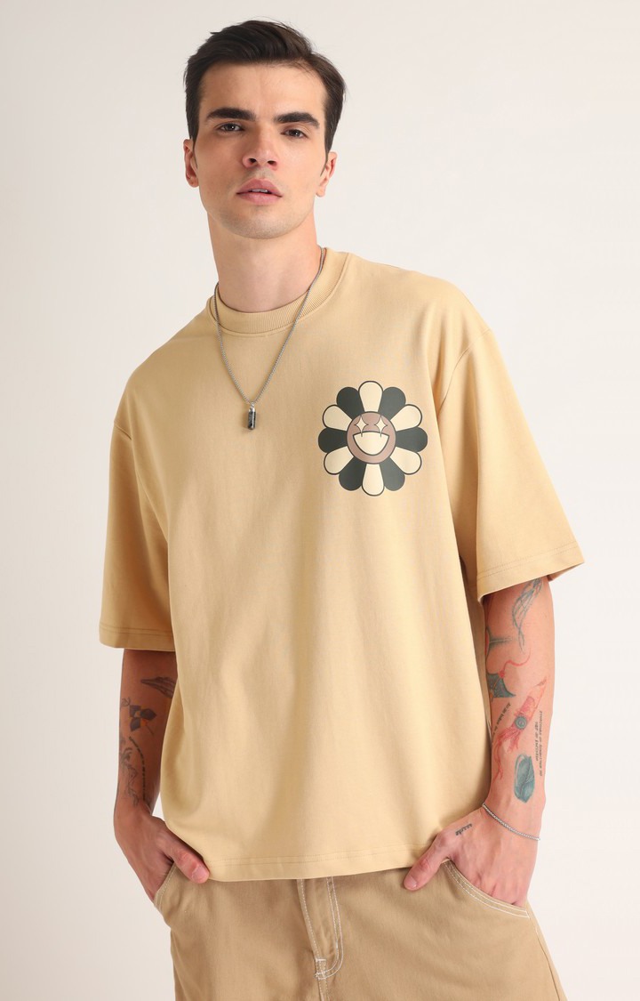 Men's Beige Printed Oversized T-Shirt