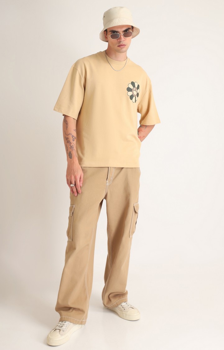 Men's Beige Printed Oversized T-Shirt