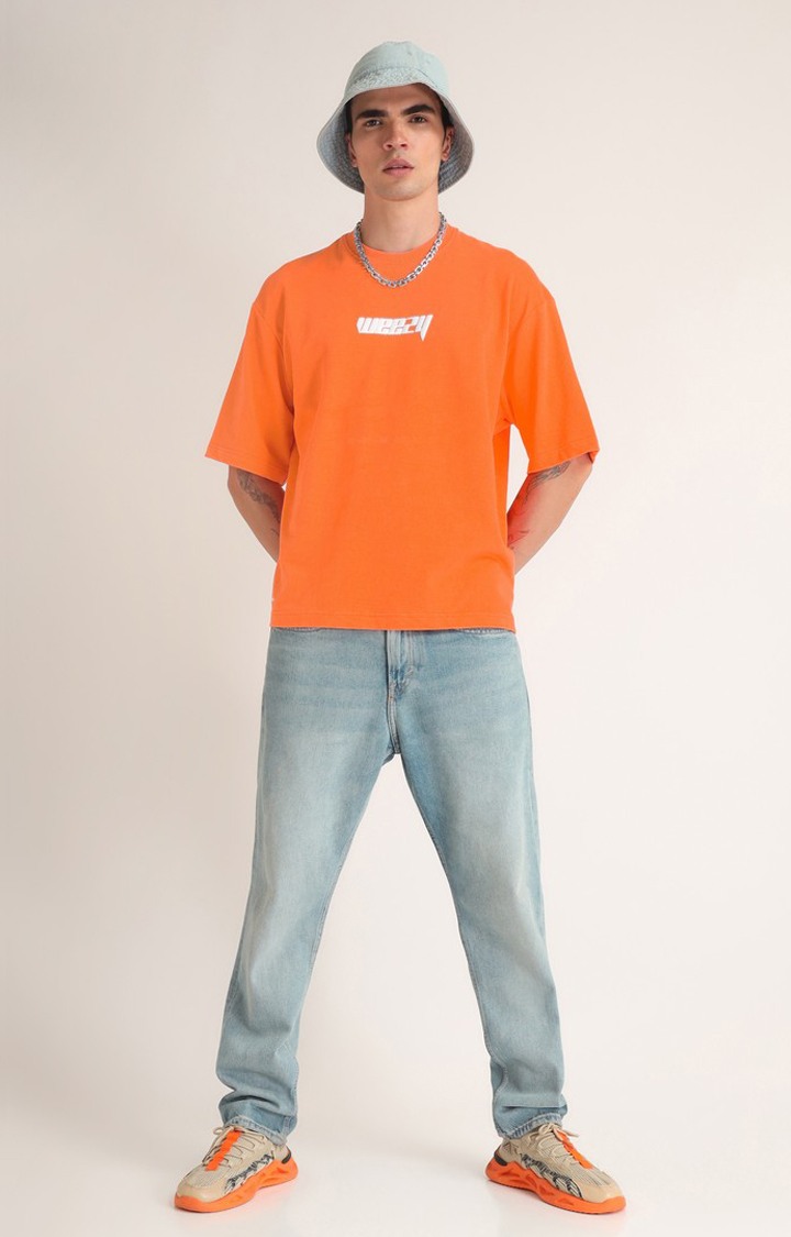 Men's Neon Orange Printed Oversized T-Shirt