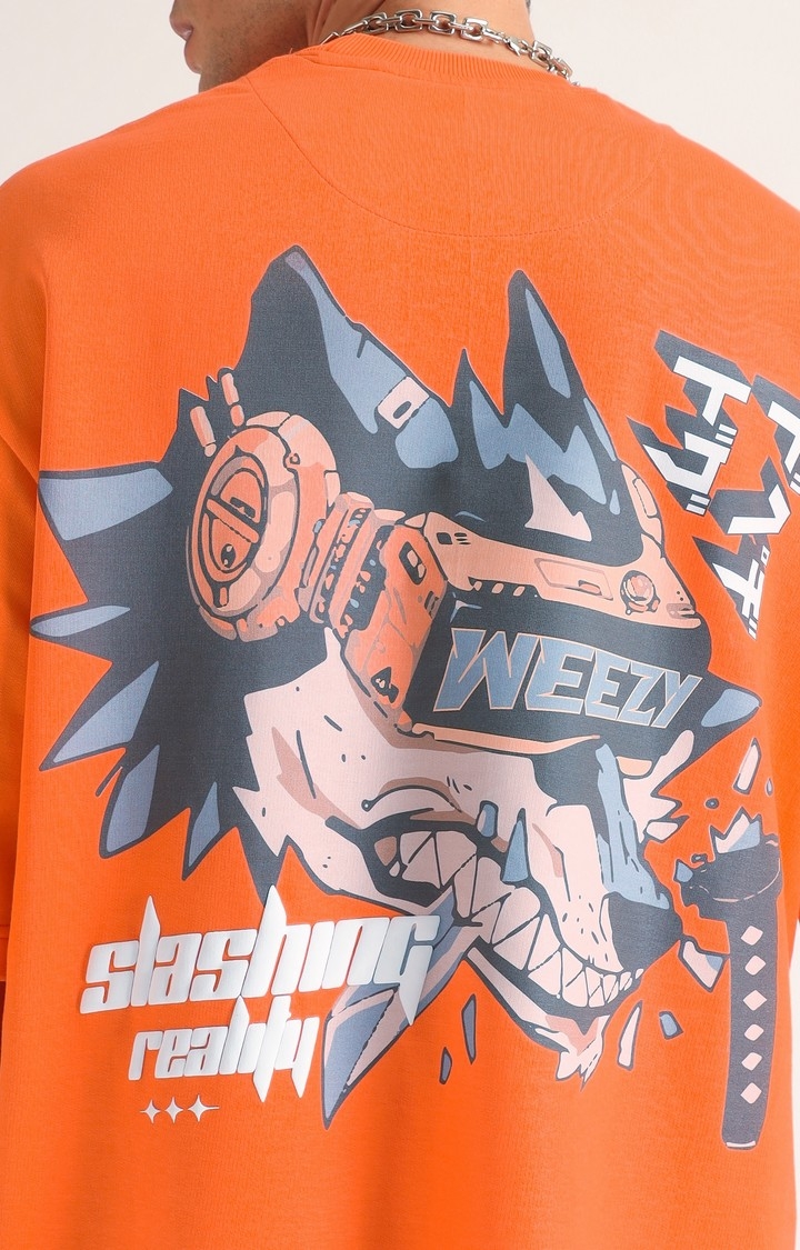 Men's Neon Orange Printed Oversized T-Shirt