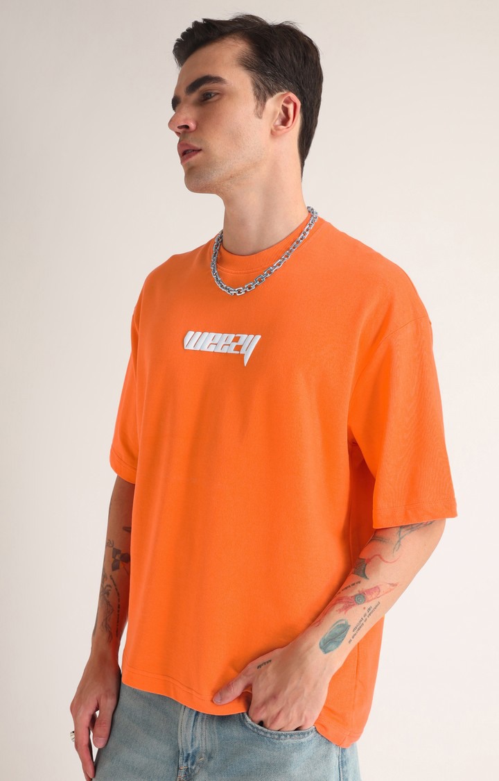 Men's Neon Orange Printed Oversized T-Shirt