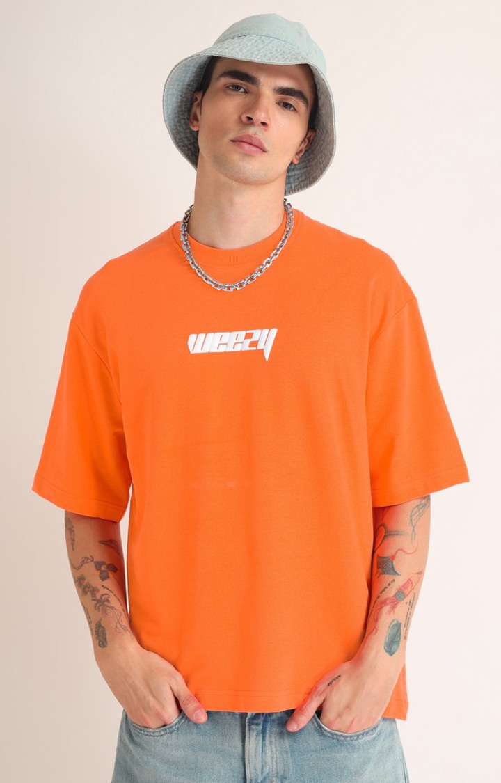 Men's Neon Orange Printed Oversized T-Shirt