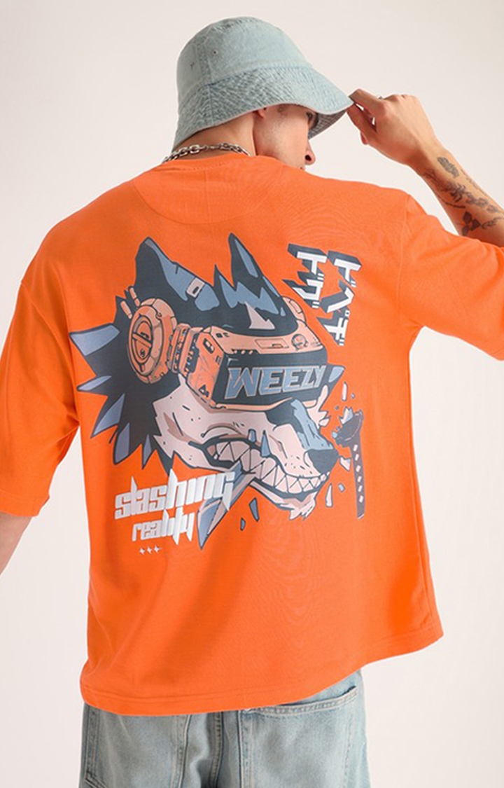 Men's Neon Orange Printed Oversized T-Shirt