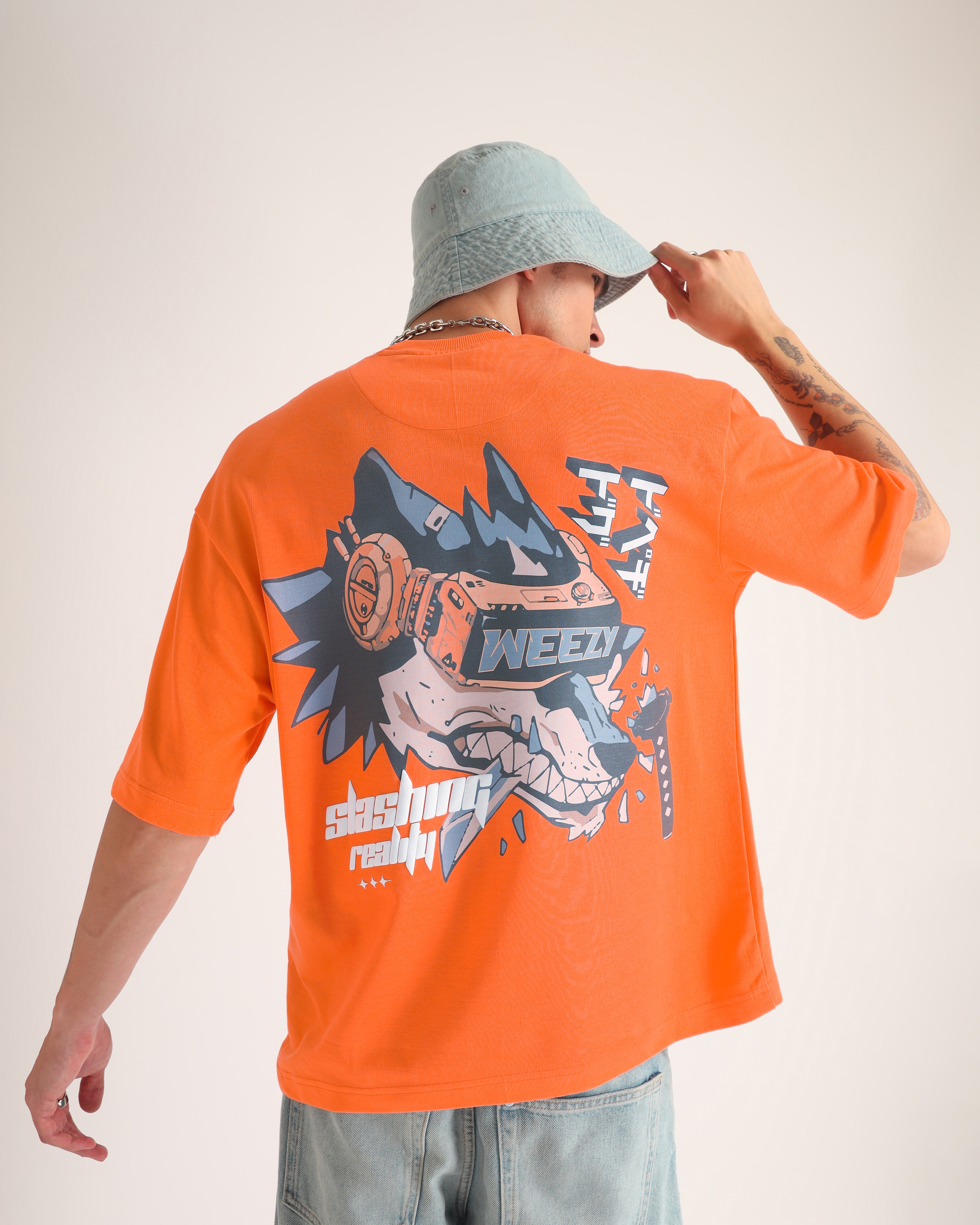 Weezy Streetwear | Men's Neon Orange Printed Oversized T-Shirt