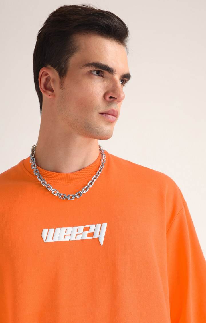 Men's Neon Orange Printed Oversized T-Shirt