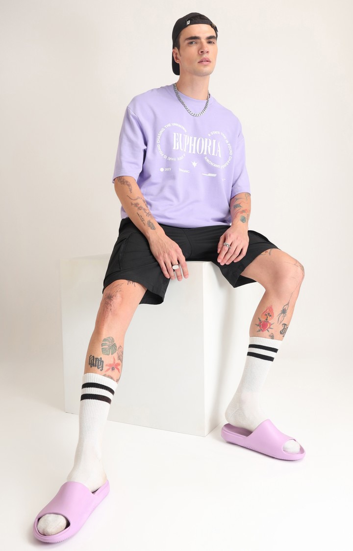 Men's Lavender Typographic Printed Oversized T-Shirt