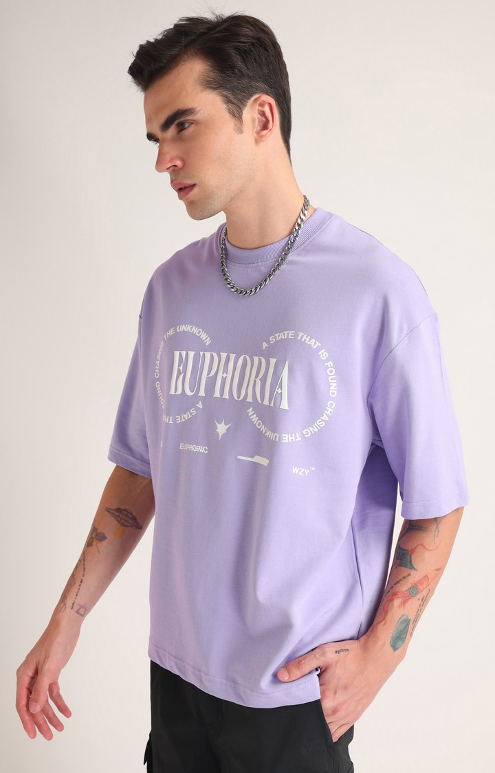 Men's Lavender Typographic Printed Oversized T-Shirt