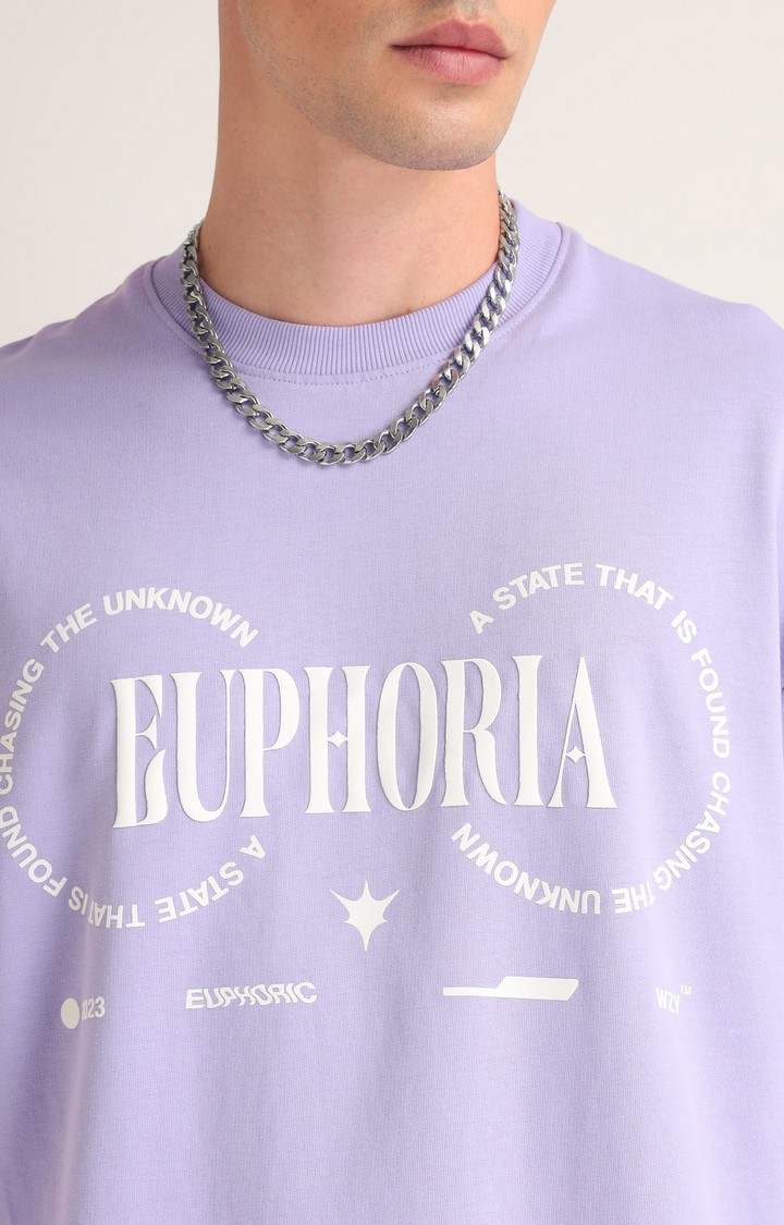 Men's Lavender Typographic Printed Oversized T-Shirt