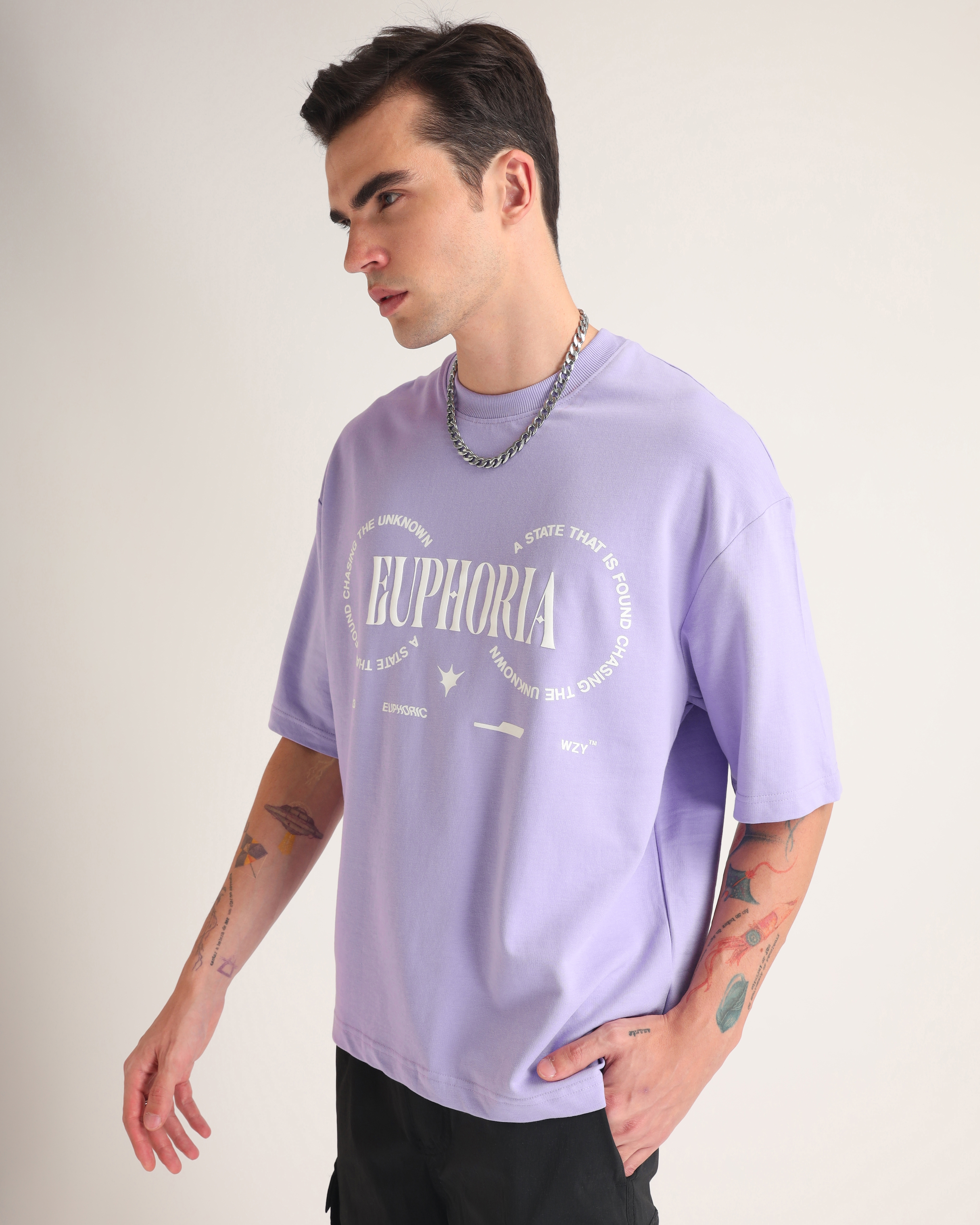 Weezy Streetwear | Men's Lavender Typographic Printed Oversized T-Shirt
