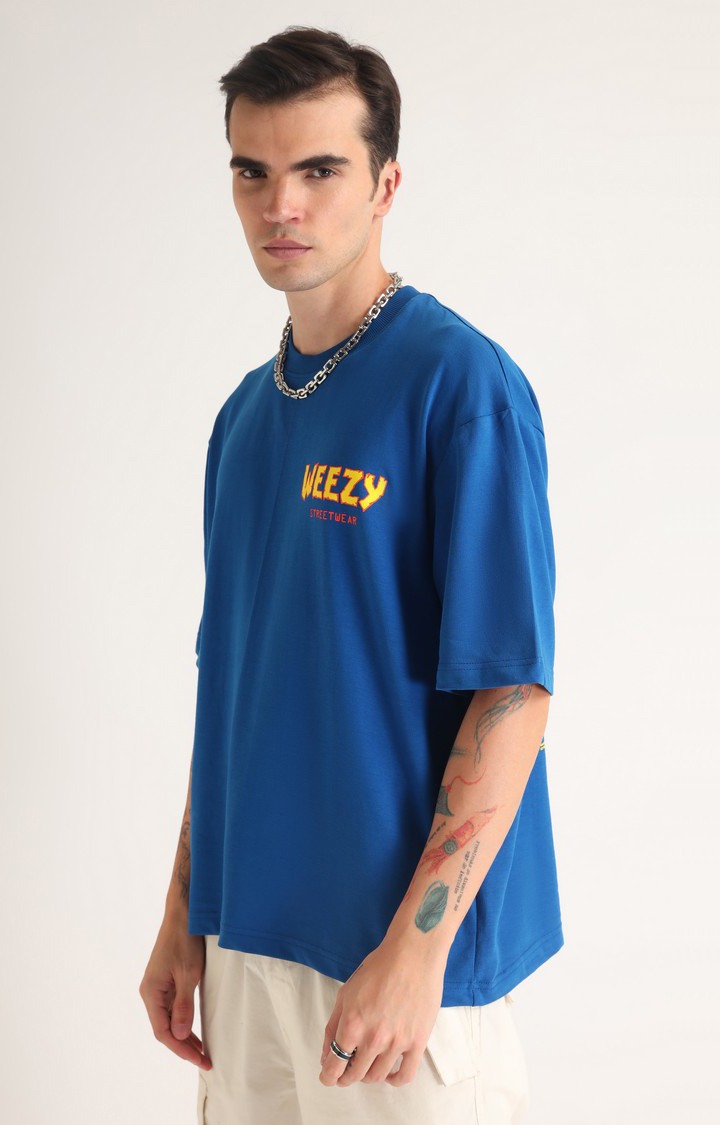 Men's Blue Printed Oversized T-Shirt
