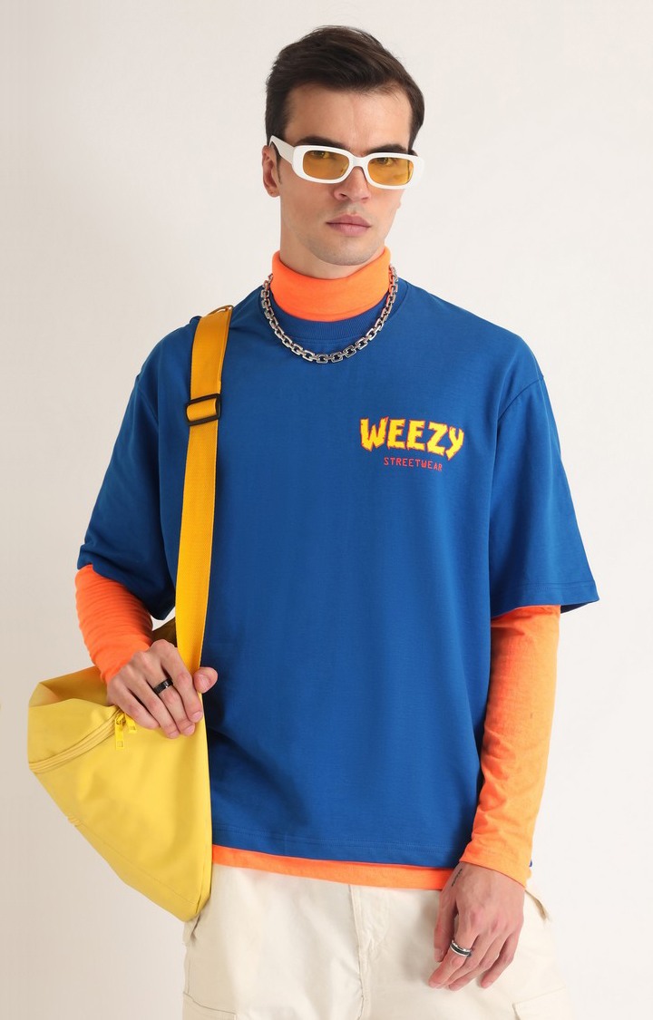 Men's Blue Printed Oversized T-Shirt