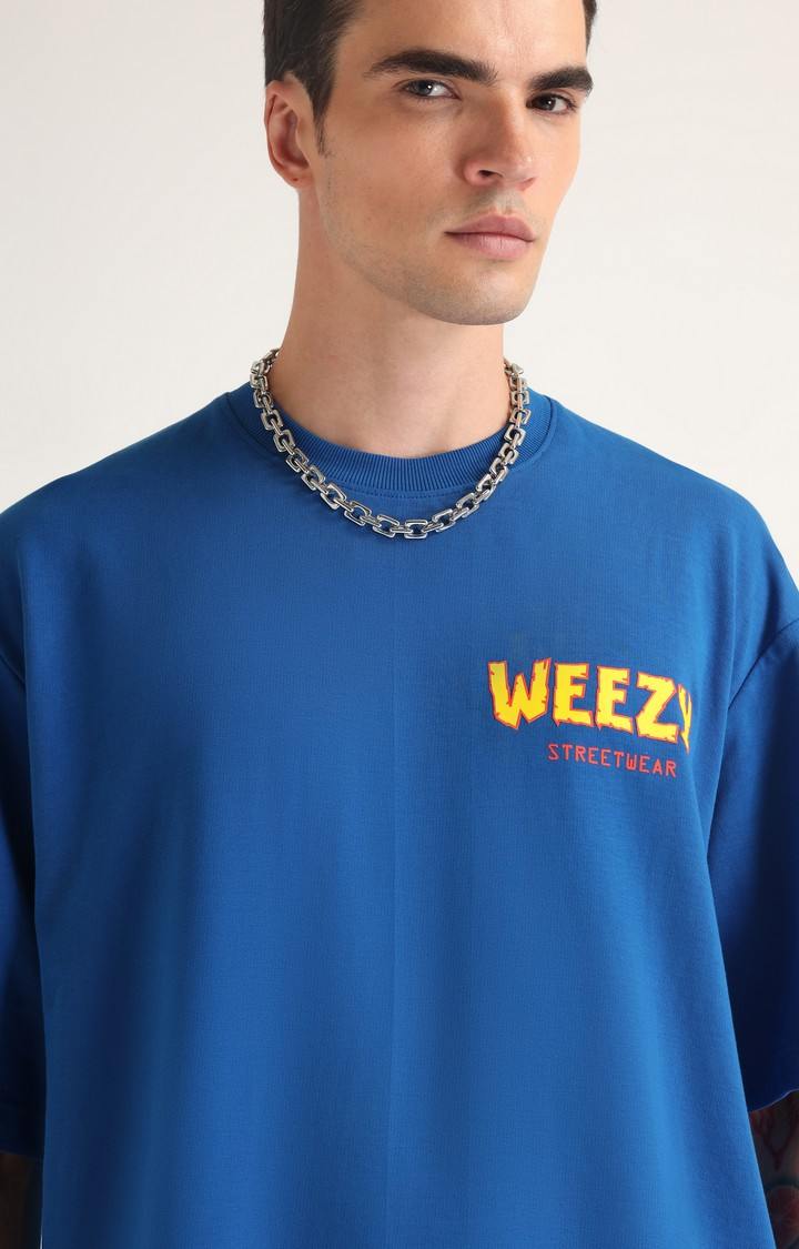 Men's Blue Printed Oversized T-Shirt