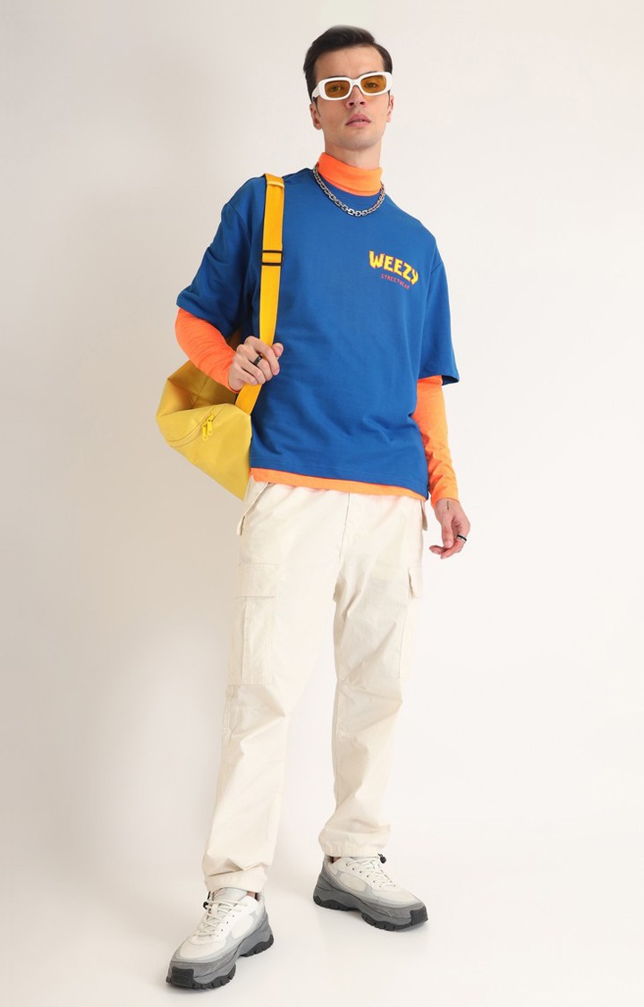 Men's Blue Printed Oversized T-Shirt