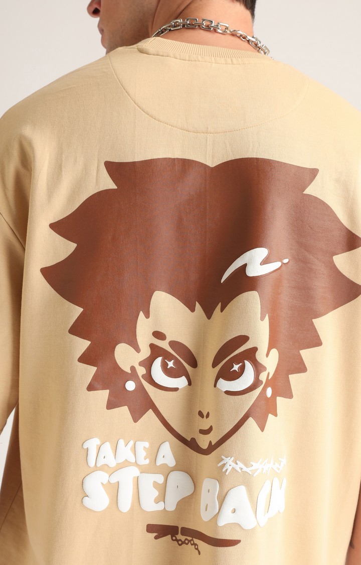 Men's Beige Printed Oversized T-Shirt