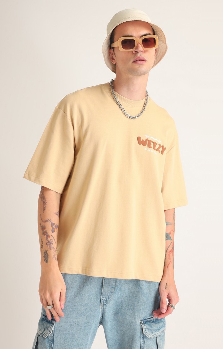 Men's Beige Printed Oversized T-Shirt