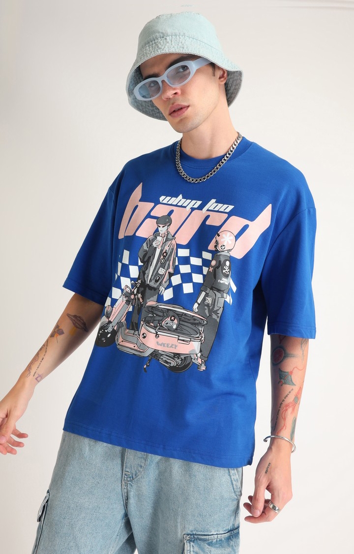 Weezy Streetwear | Men's Royal Blue Printed Oversized T-Shirt