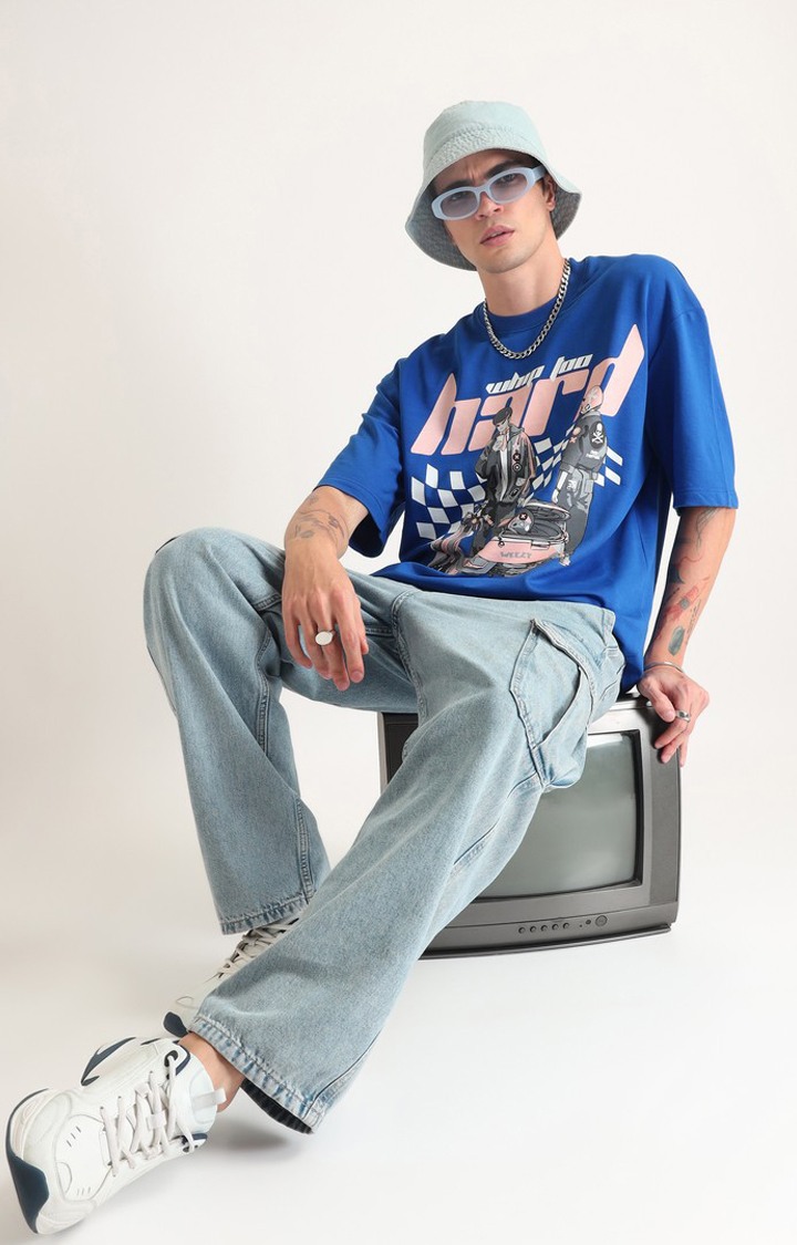 Men's Blue Printed Oversized T-Shirt