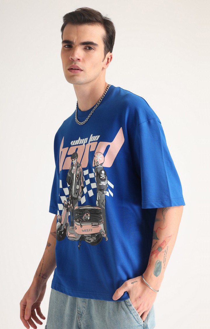 Men's Blue Printed Oversized T-Shirt
