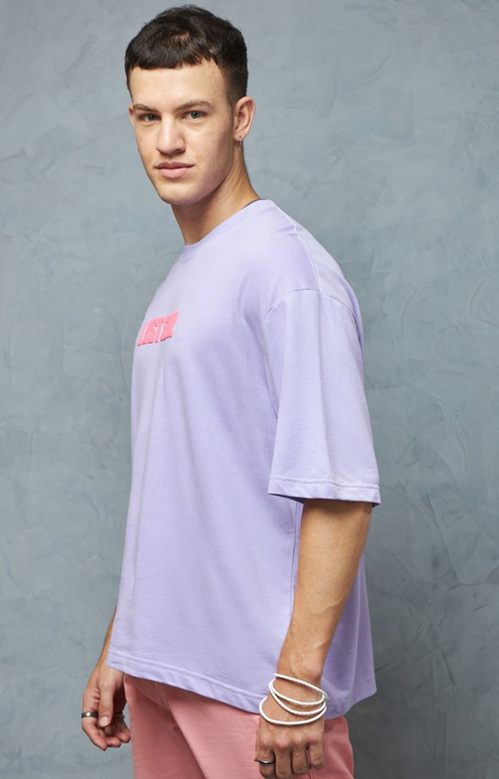 Men's Lavender Typographic Printed Oversized T-Shirt