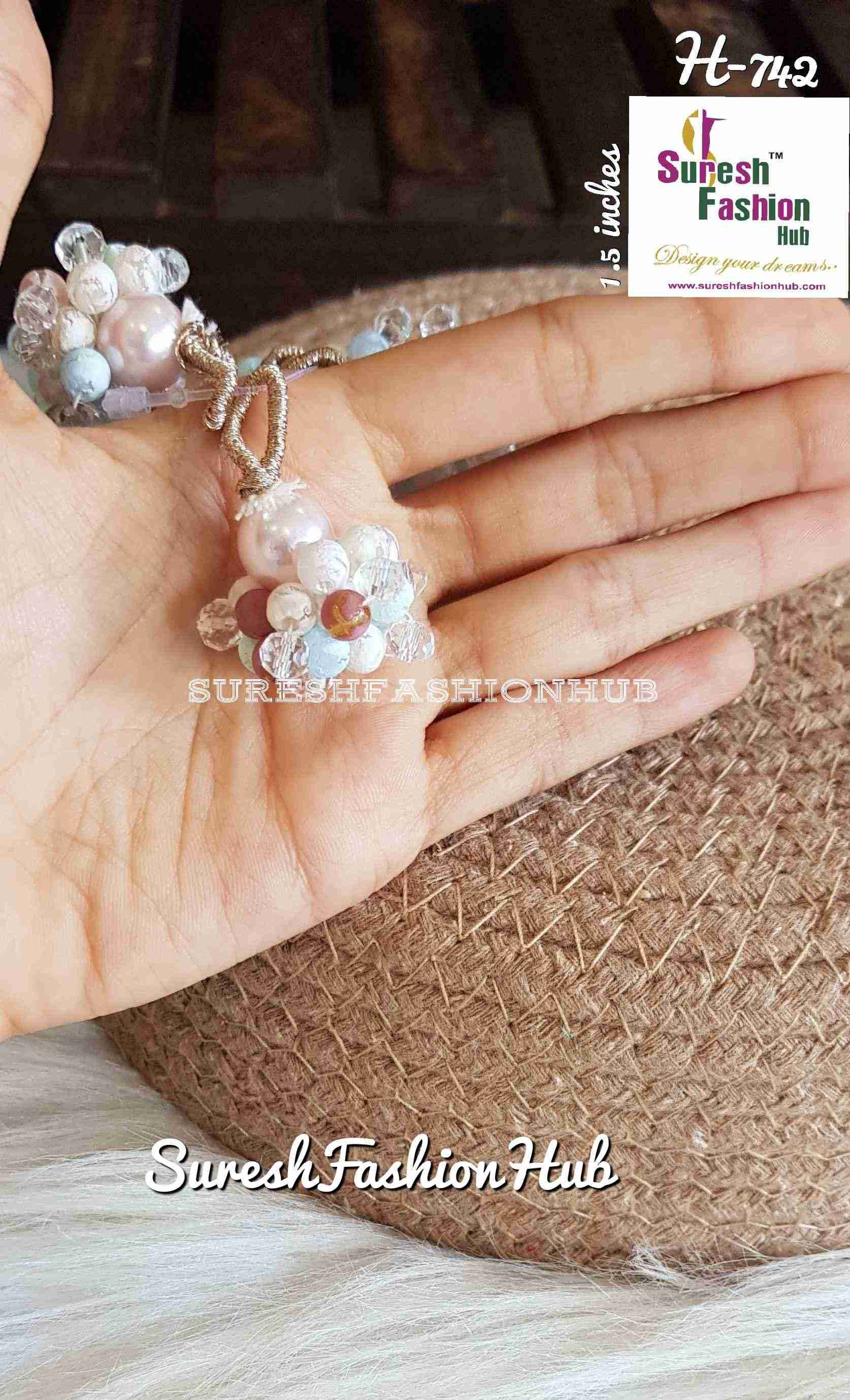Pastel Pink, Blue & White Beads Studded Small Tassel
