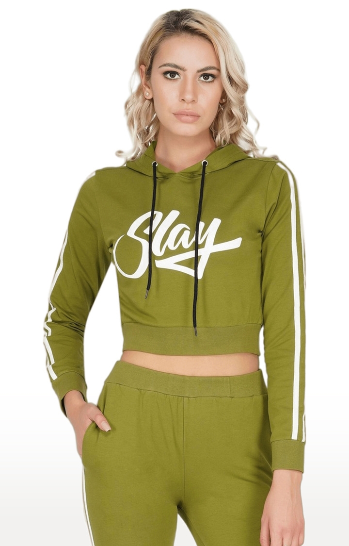 SLAY | Women's Green Typographic Cotton Hoodies