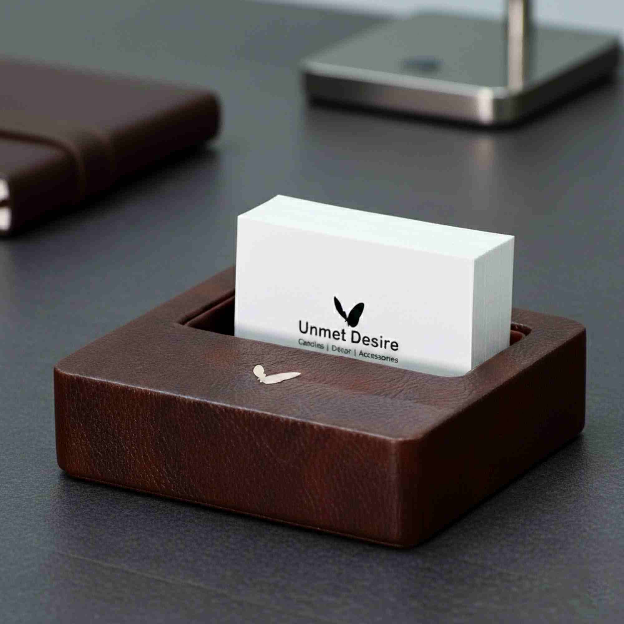 Visiting Card Holder for Desk | Faux Leather | Square | Classic | Brown