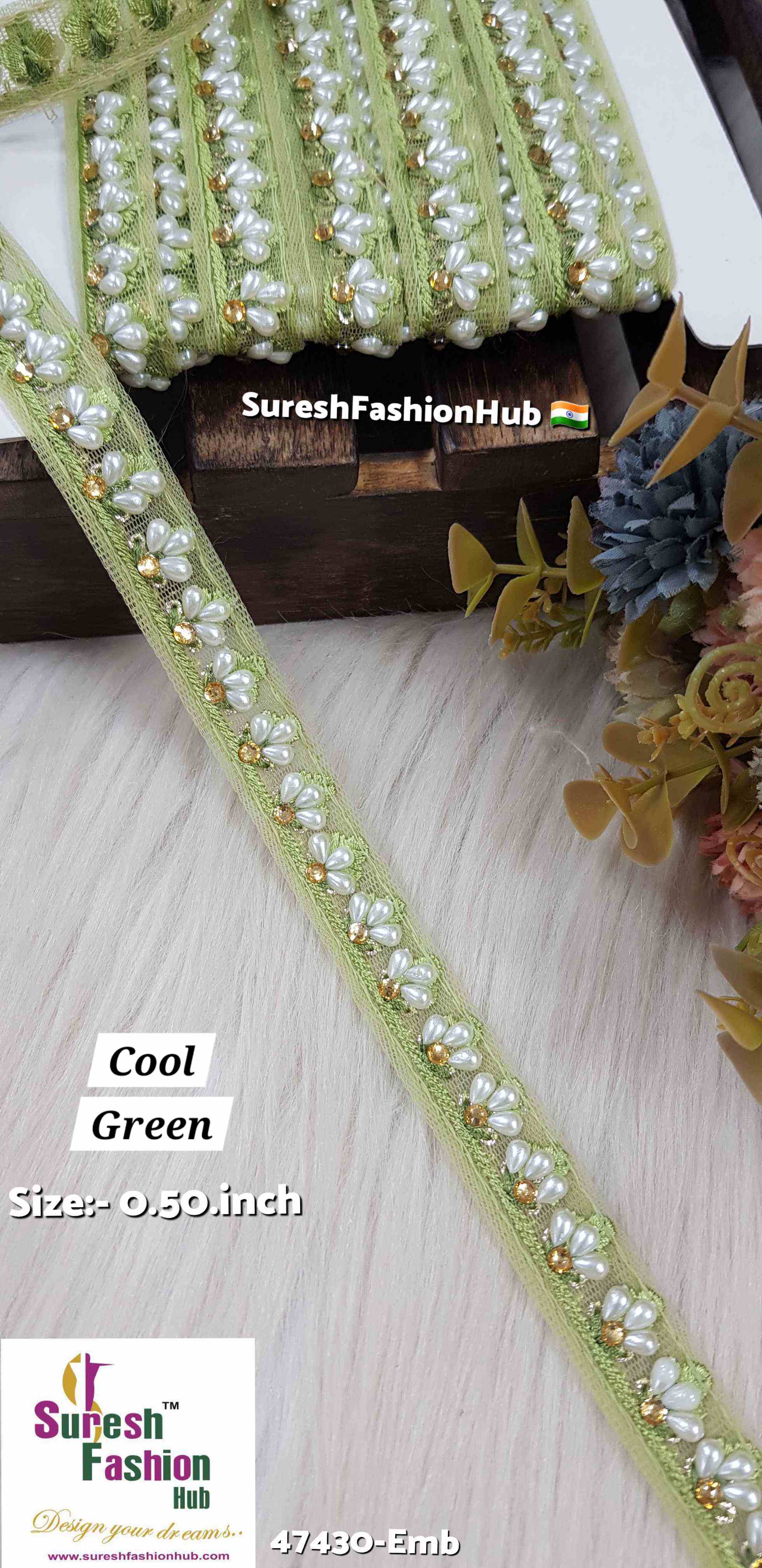 LuxeGlimmer Embroidered Trim Cool Green Color