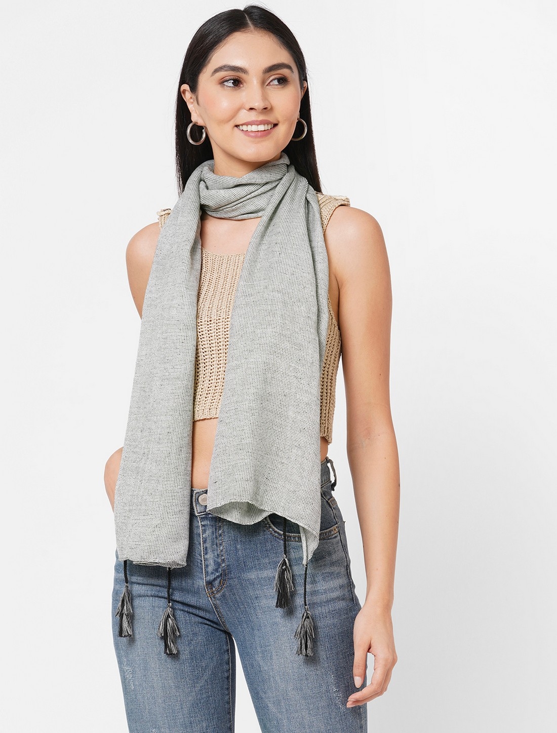 Get Wrapped | Get Wrapped Grey Dotted Scarves with Tassels 0