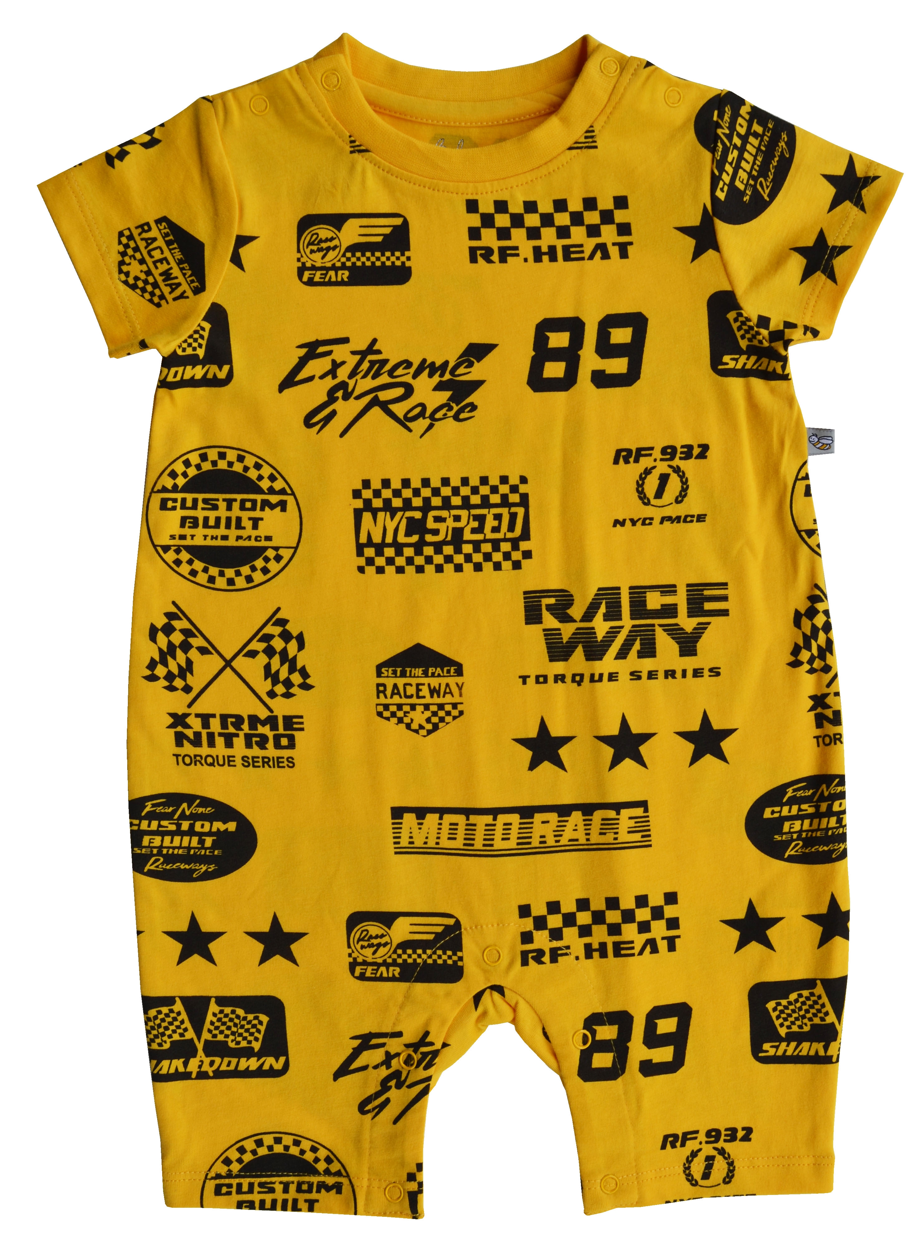 Yellow RACE Print Short Romper (100% Cotton Jersey)