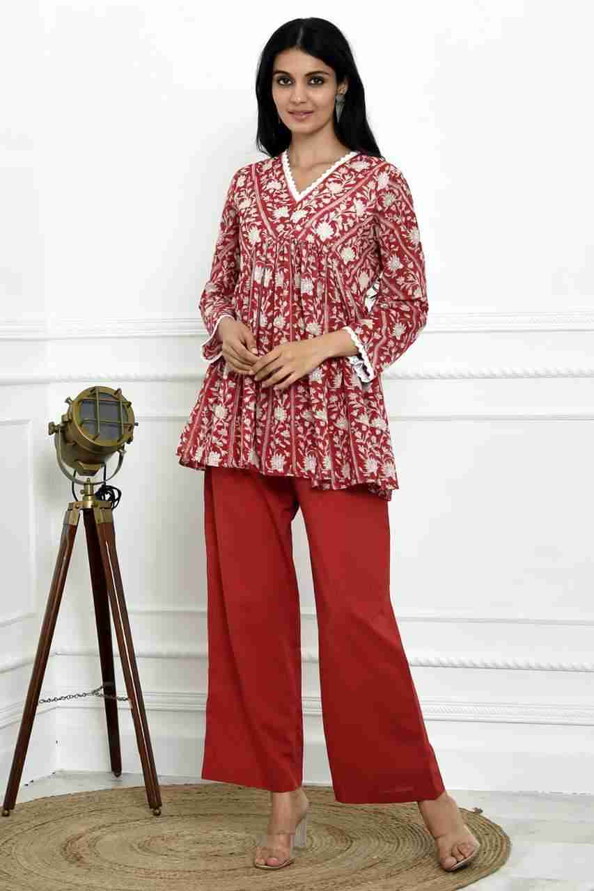 Naksh Short Red And White Soft Cotton Kota Block Printed Gathered Kurta