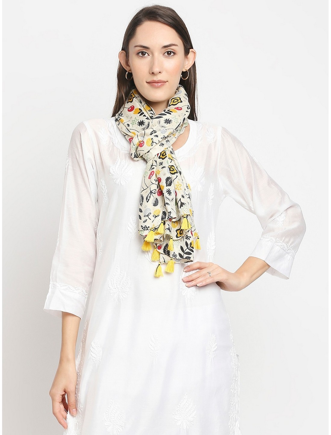 Get Wrapped | Get Wrapped Ivory  Printed Scarves with Tassels for Women 1