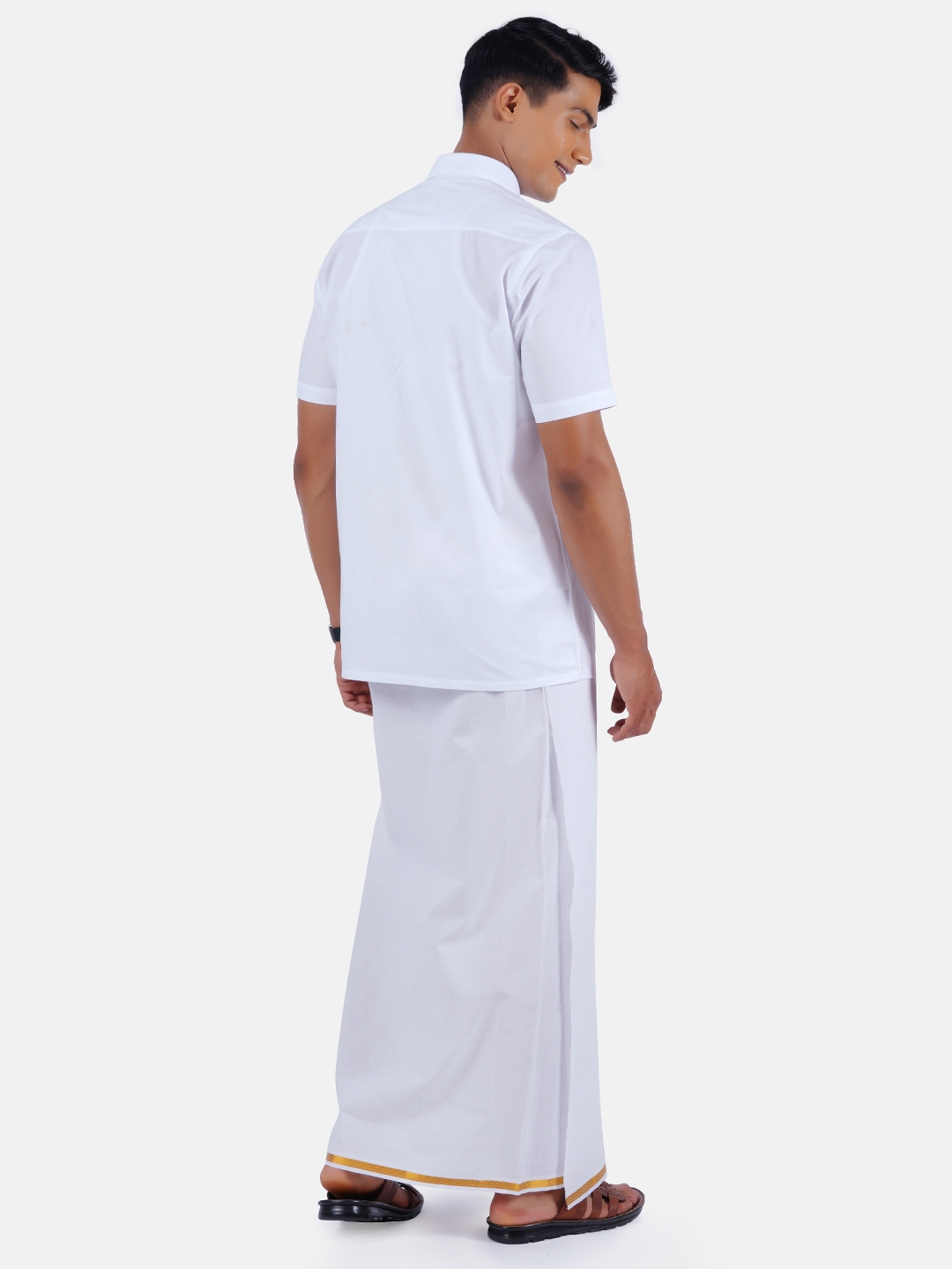 Ramraj Cotton | Ramraj Cotton Men White Wings Half Sleeves Shirt With Gold Jari Border Dhoti Pushkar 1