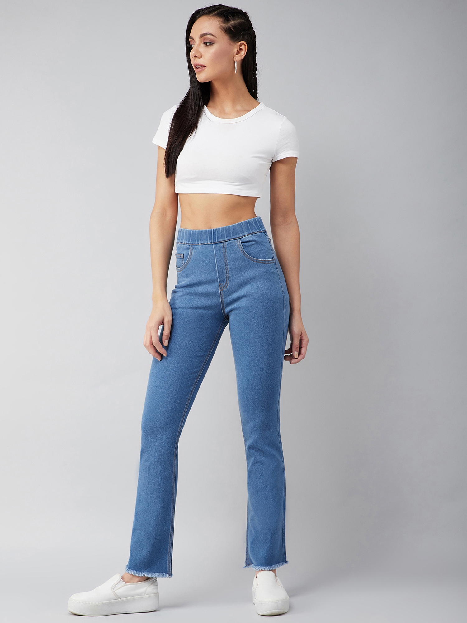 Women's Blue Semi-Bootcut Mid-rise Clean Look Regular Stretchable Denim Jeans