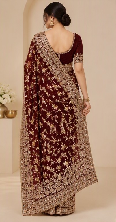 Yash Creation Women's Maroon Sequence Border Saree with Blouse Piece
