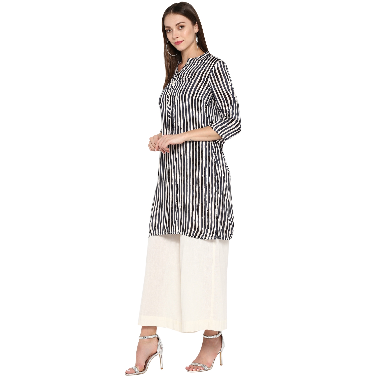 ANTARAN | Grey striped rollup sleeve cotton kurta 2