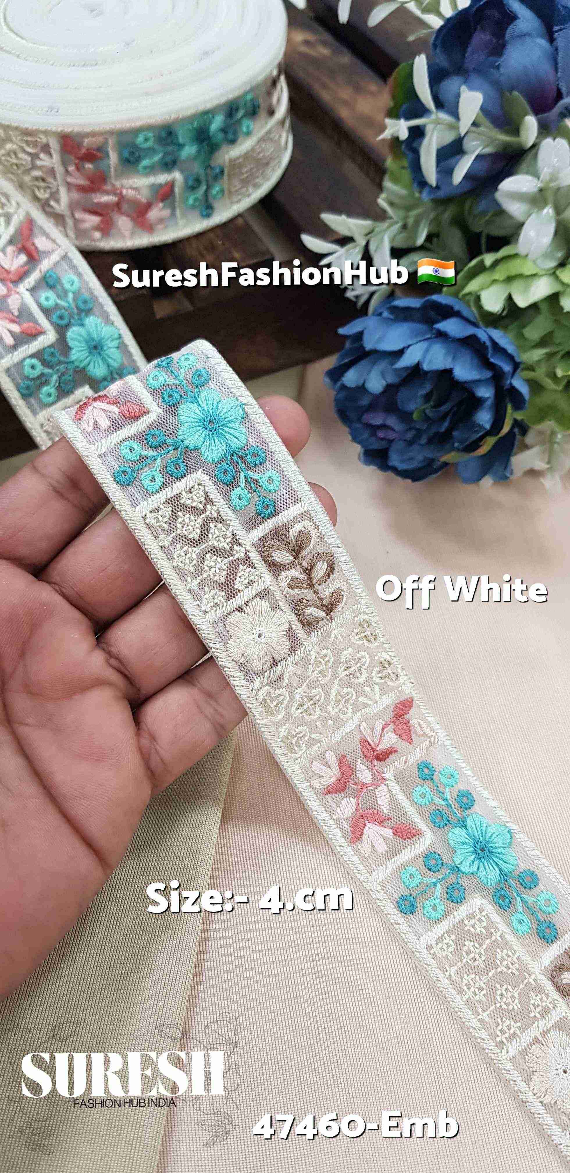 Off White Embroidered Floral Net Lace