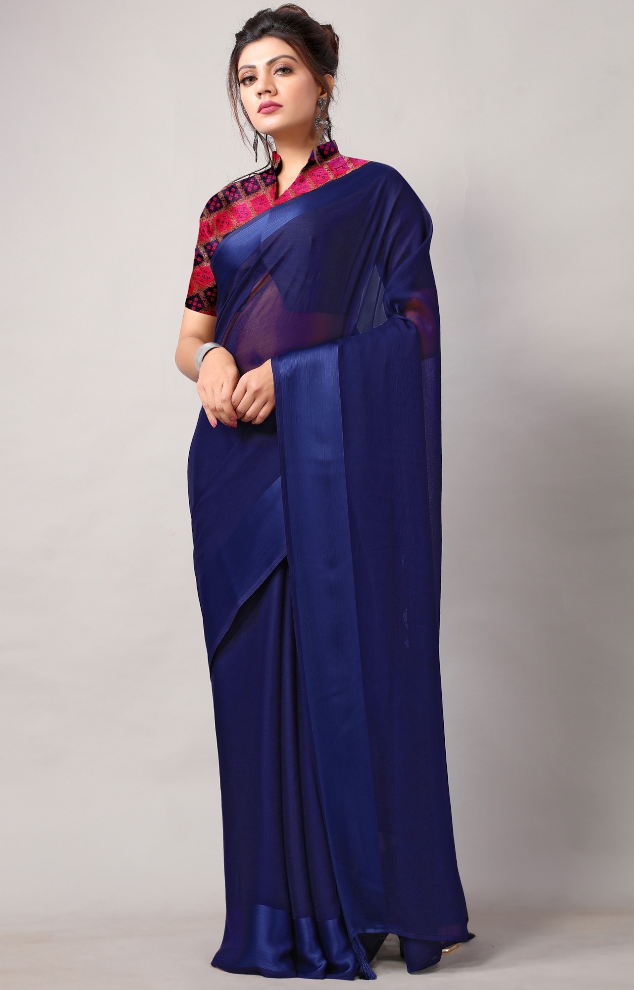 SHAILY RETAILS | Women Dark Blue Chiffon Party Wear Solid Saree-HACFNSTNBDR1079BLUE 1