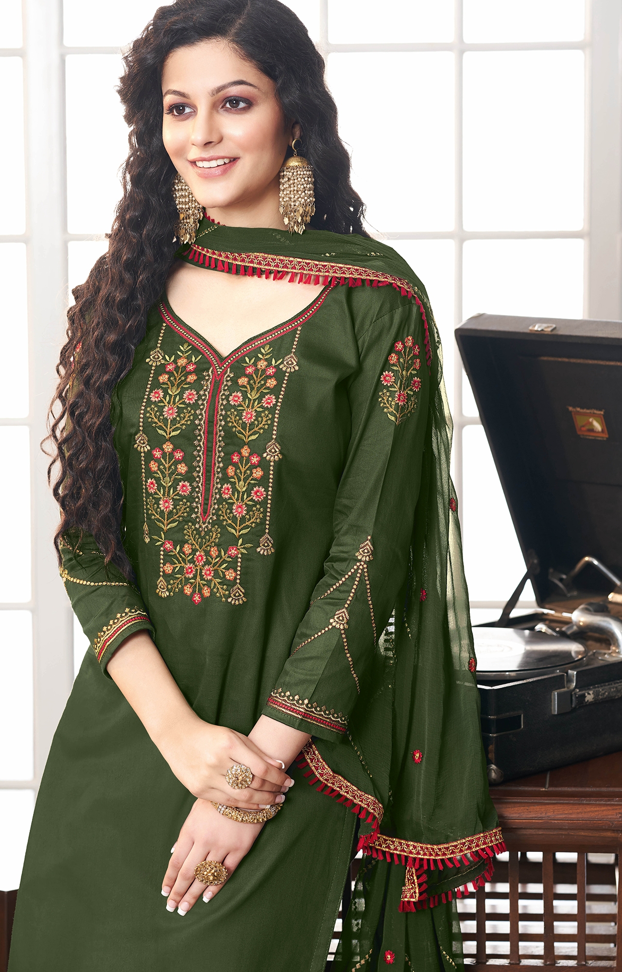 SHAILY RETAILS | Green Color Cotton Embroidered Unstitched Dress Material-FL_PANKHUDI1093_DM 1