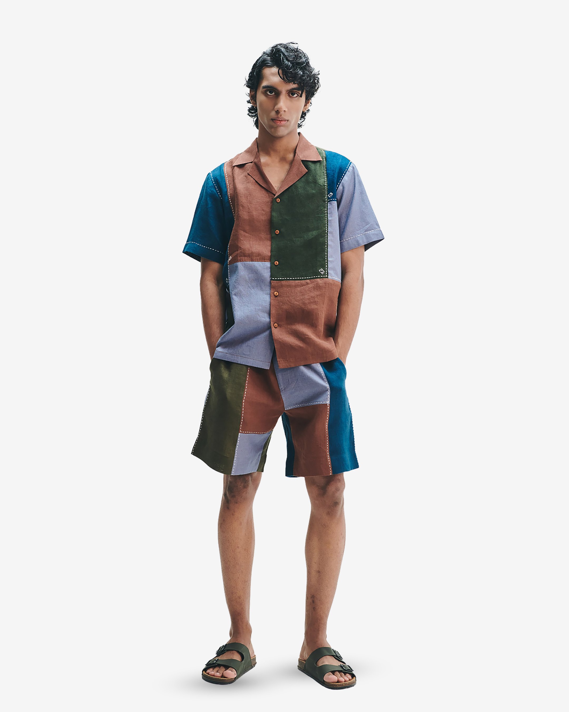 Patchwork Linen Men's Camp Collar Shirt Set