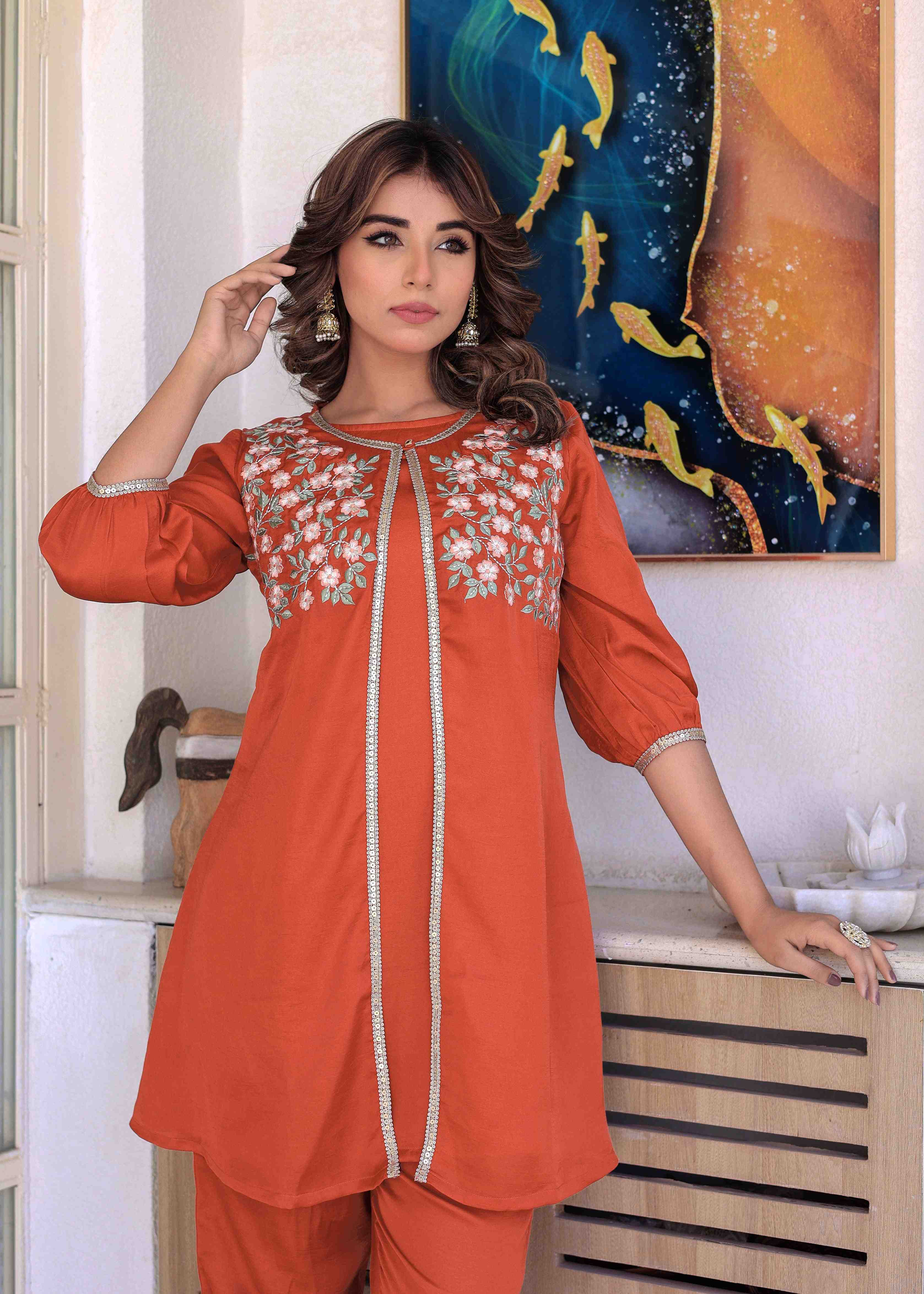 RUST JACKET STYLE EMBROIDERED CO-ORD SET