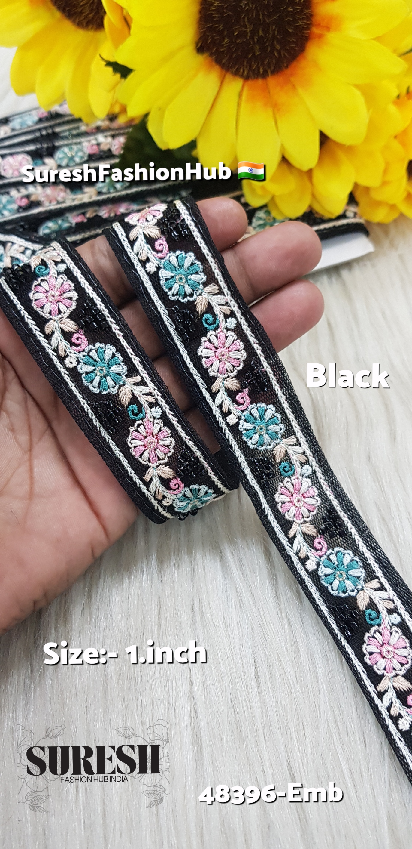 Black Multicolor Thread Bead Embroidery Lace