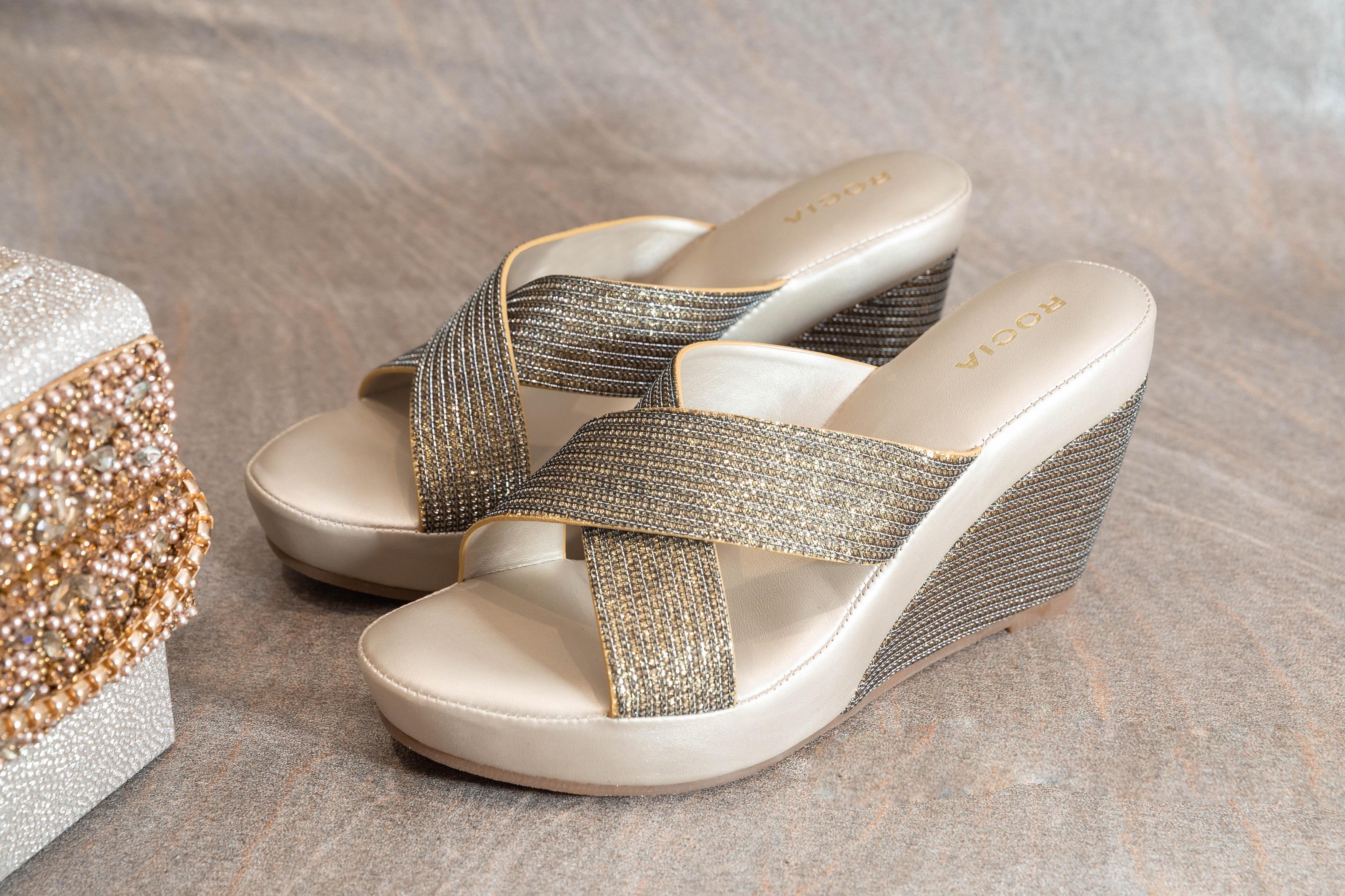 Rocia Gold Shimmery Cross Strap Wedges