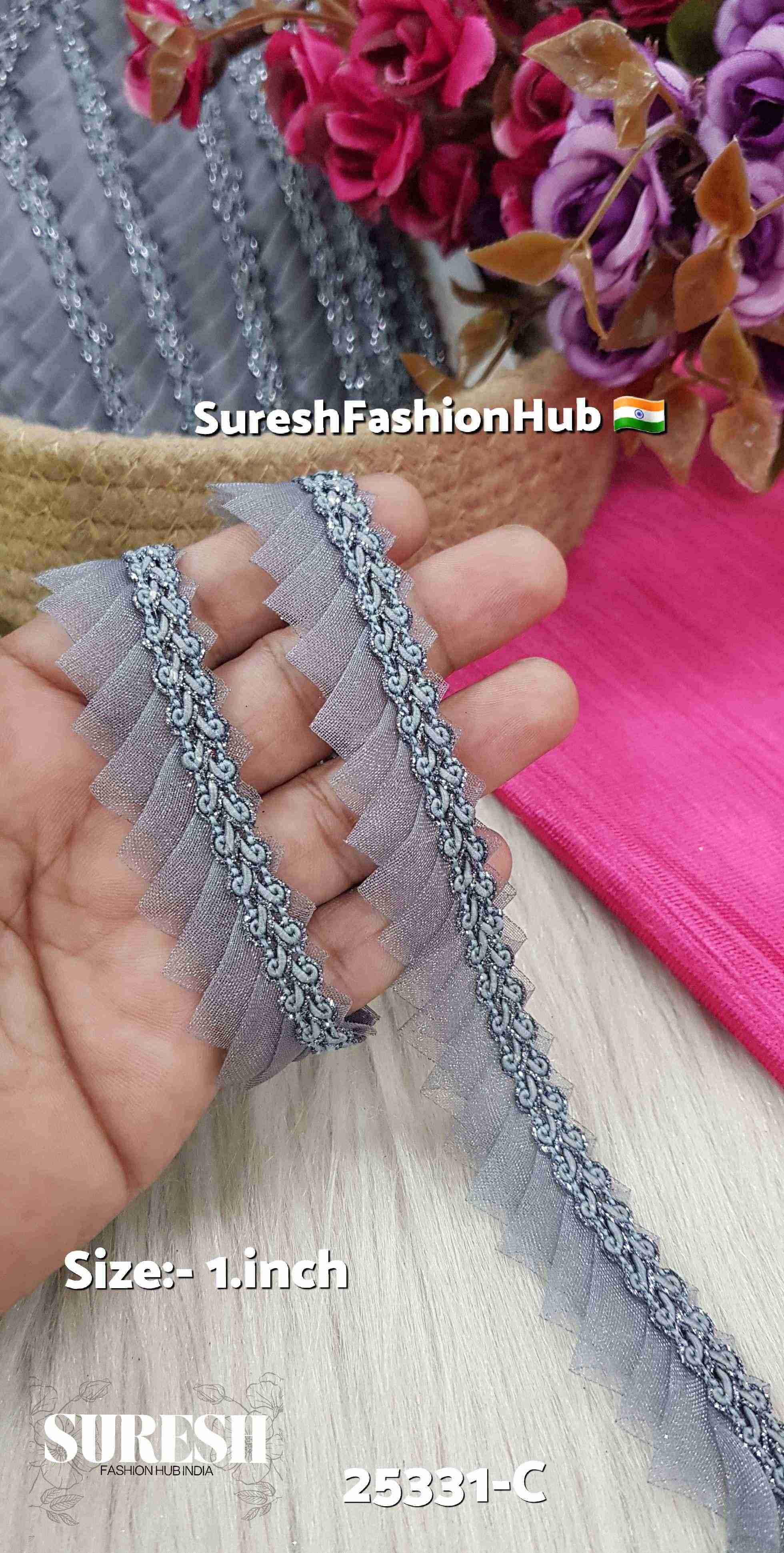 One Side Scallop Organza Jhalar Grey Lace | 25331-C