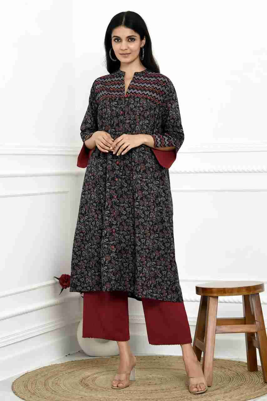 Naksh Black And Red Ajrakh Print Kurta With Zigzag Yoke