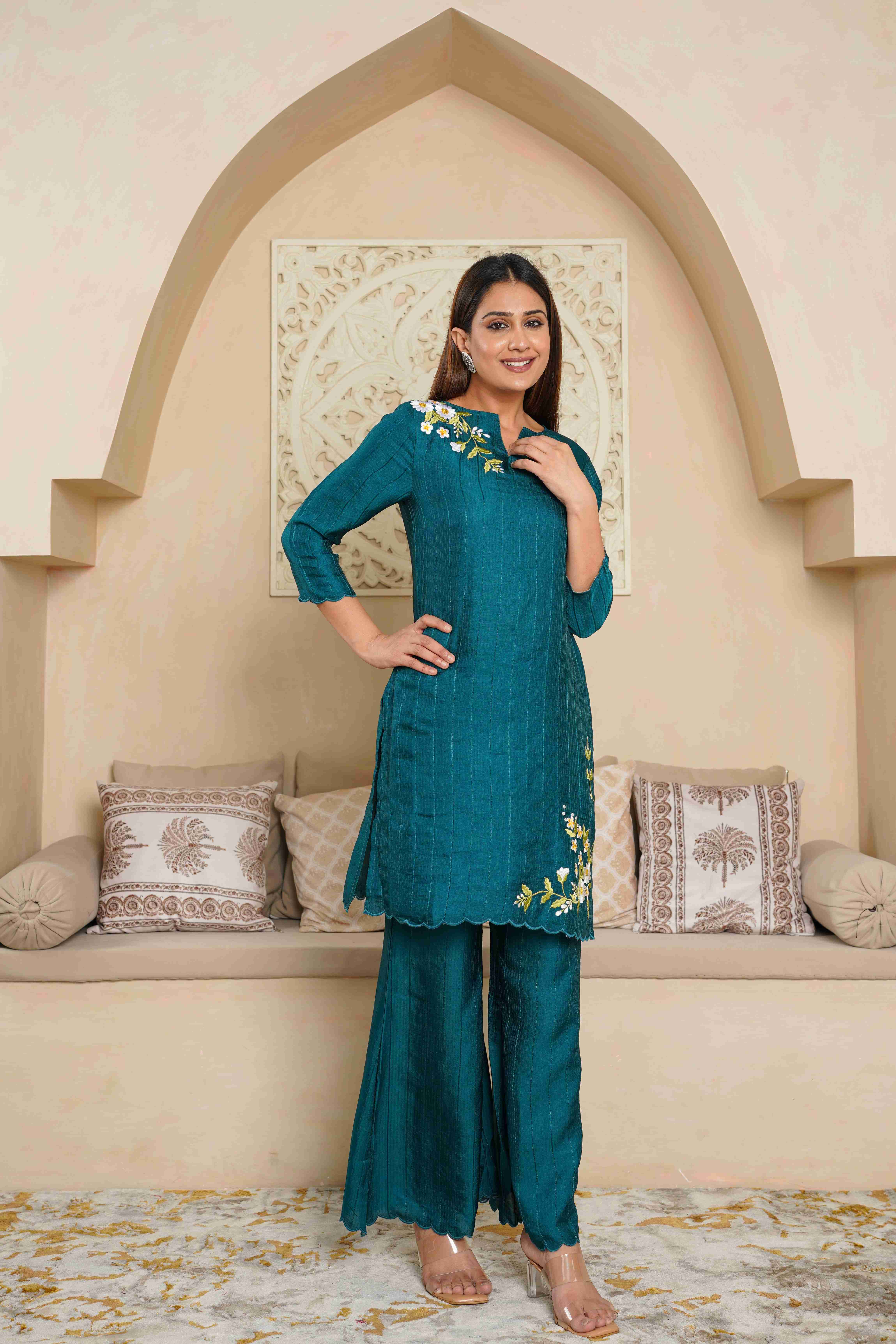SELF DESIGN SOLID FLORAL EMBROIDERED CO-ORD SET
