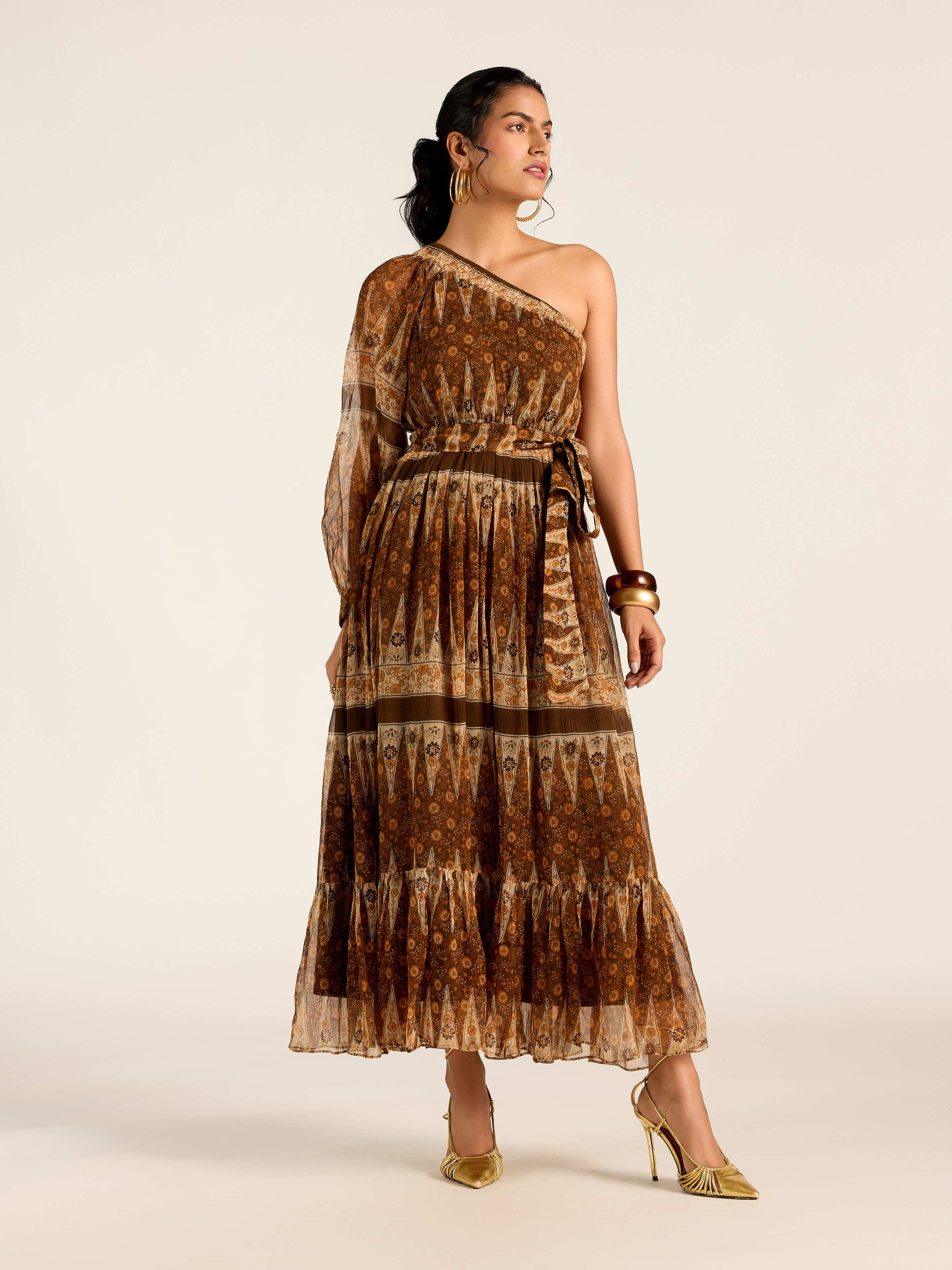 BROWN MARGO ONE SHOULDER LONG DRESS