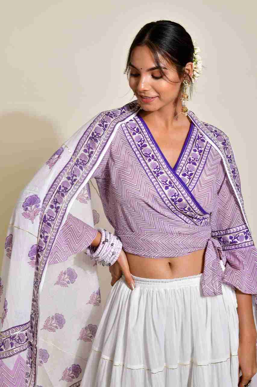 Naksh White and Purple Skirt, Top, Dupatta (Set ot 3)