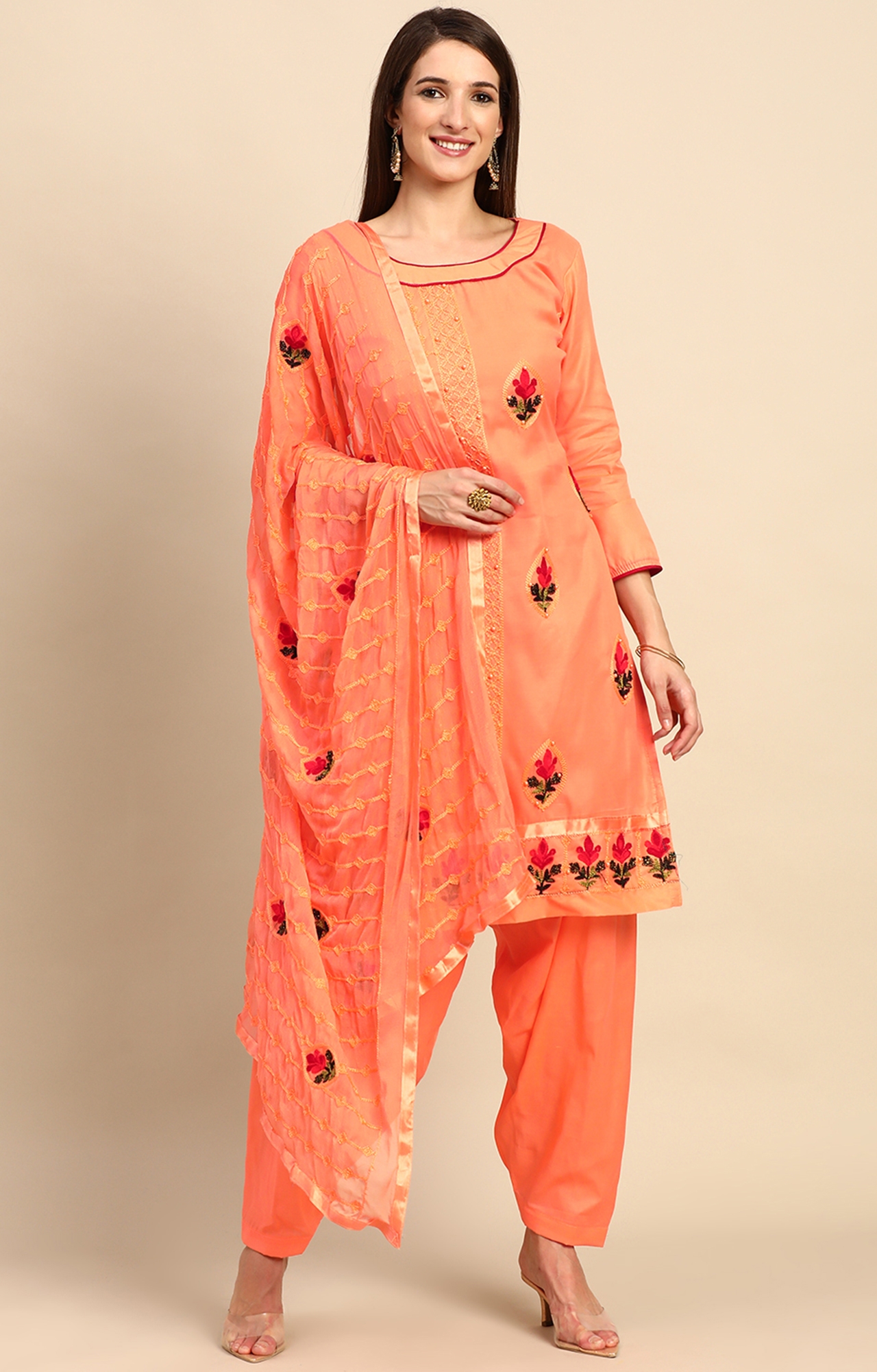 Shaily Women Peach Color Cotton Embroidered With Pearl Unstitched Dress Material-VF_BJP_PEACH_DM