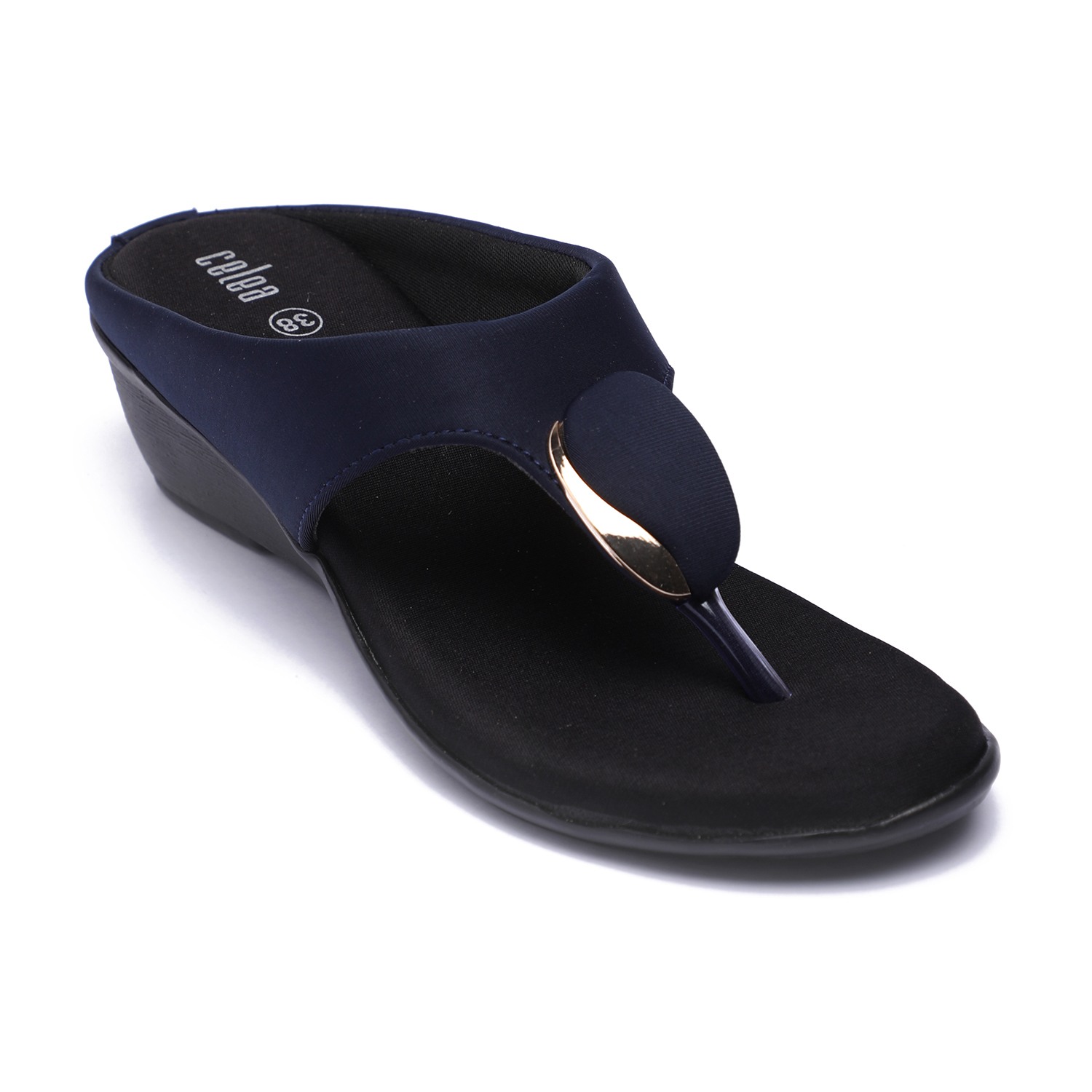 Women Navy Blue Wedge Thong Sandals with Gold Accent